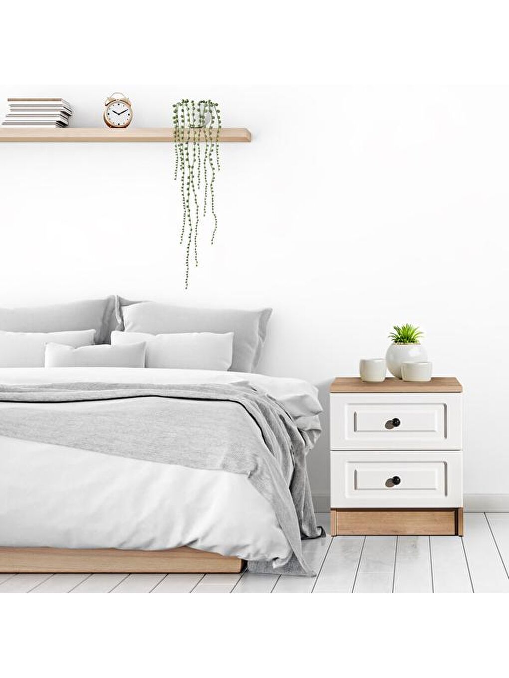 Kahverengi Ares 2 Çekmeceli Komodin - Safir Meşe / Beyaz-1