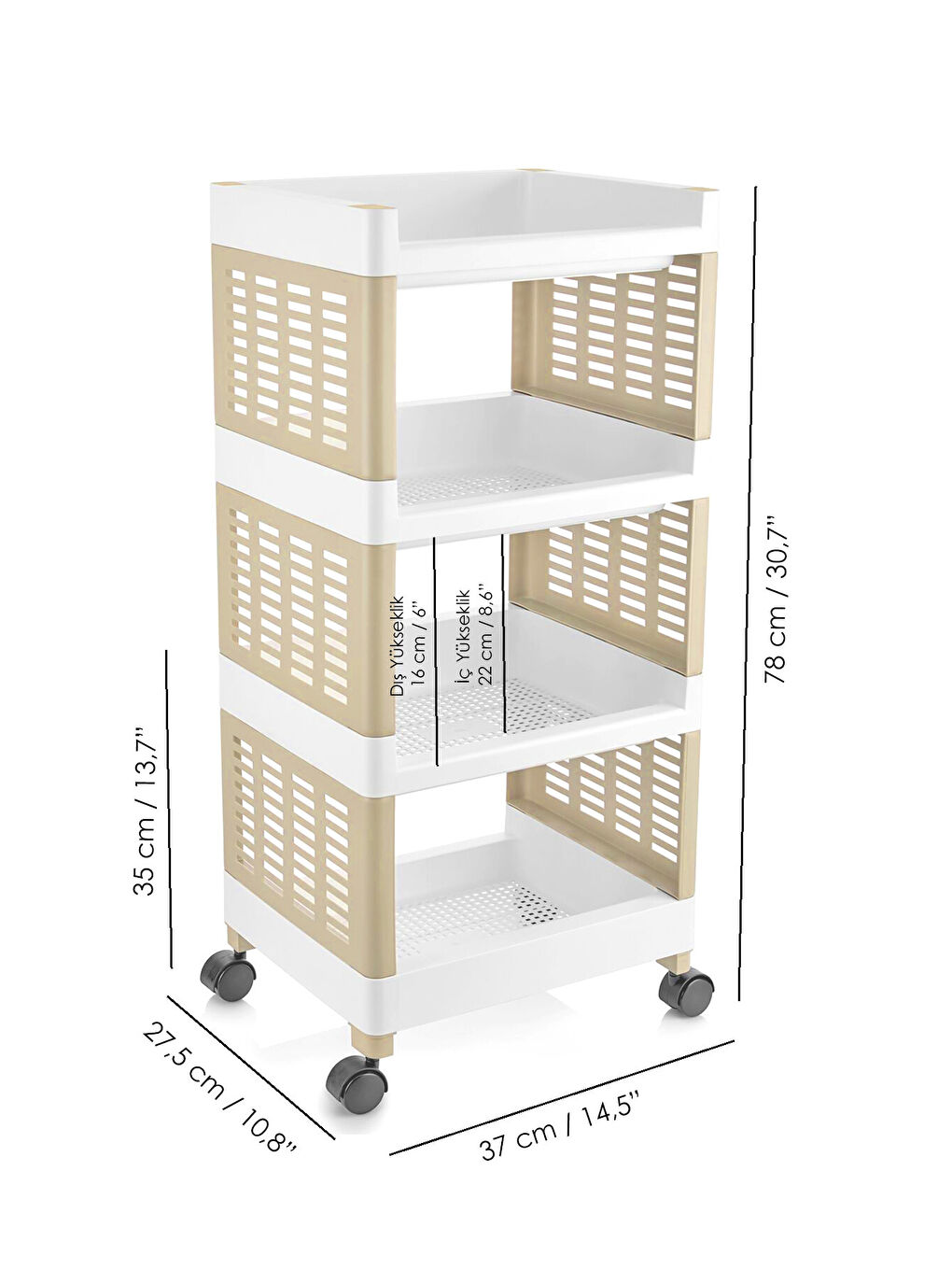 Bej 4 Katlı Tekerlekli Banyo Rafı-5