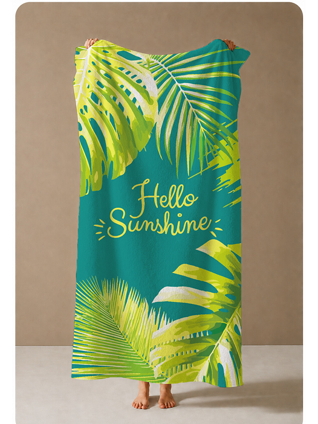 Yeşil Tropikal Hello Sunshine Yazılı 70x150 Cm Dijital Baskılı Plaj Ve Banyo Havlusu-3