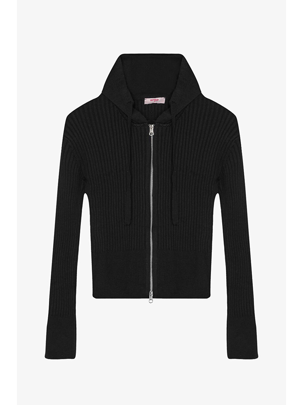 Fermuarlı Kapüşonlu Triko Hırka Siyah