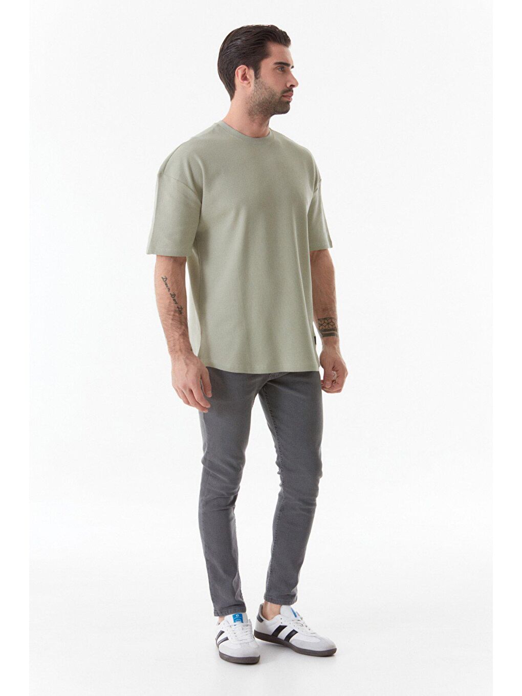 Turkuaz Waffle Kumaş Bisiklet Yaka Oversize Tişört-1