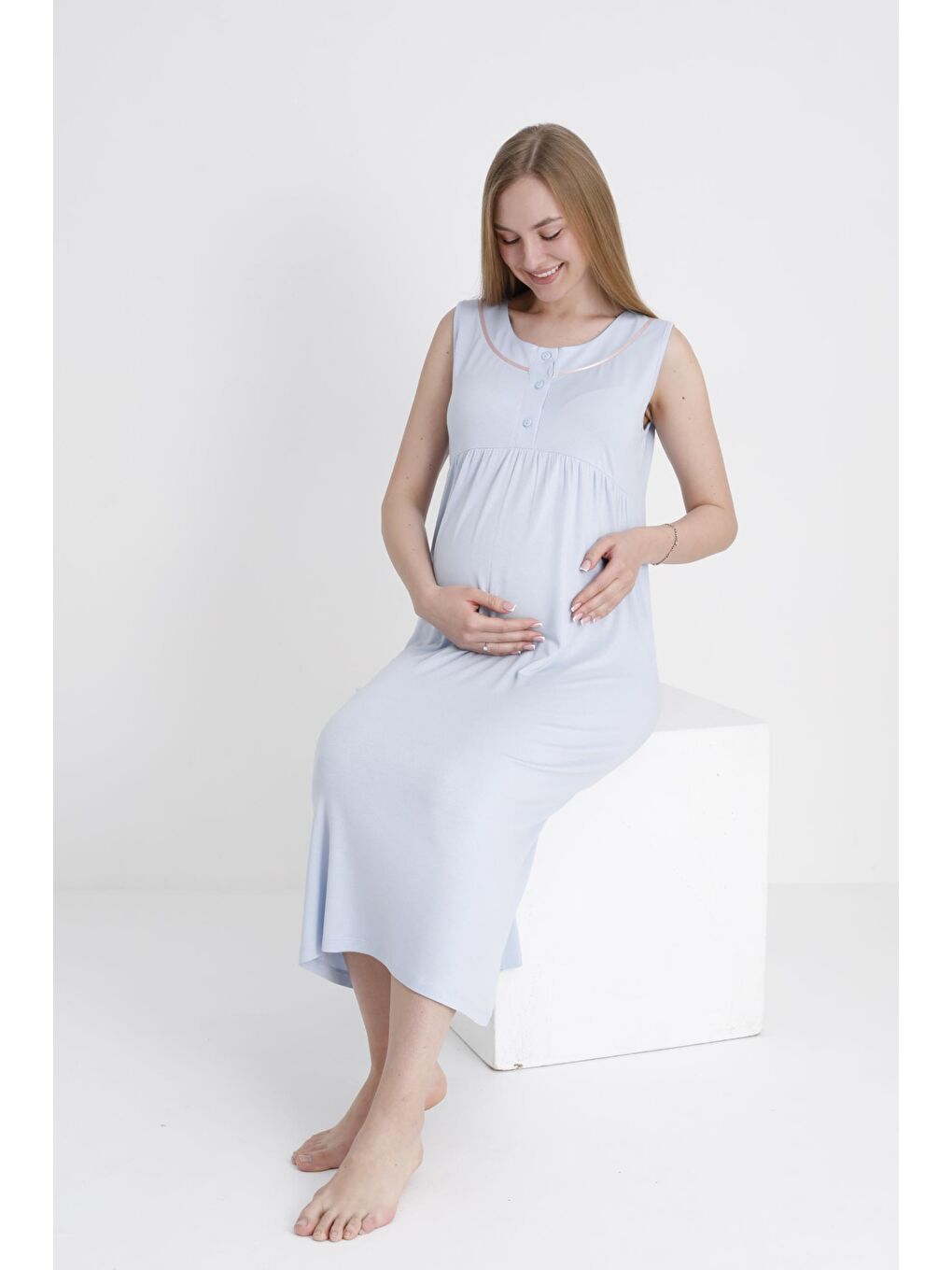 Bebe Mavisi Sabahlıklı Emzirmeye Uygun Şerit Detaylı Hamile ve Lohusa Sıfır Kol Gecelik Takımı-2