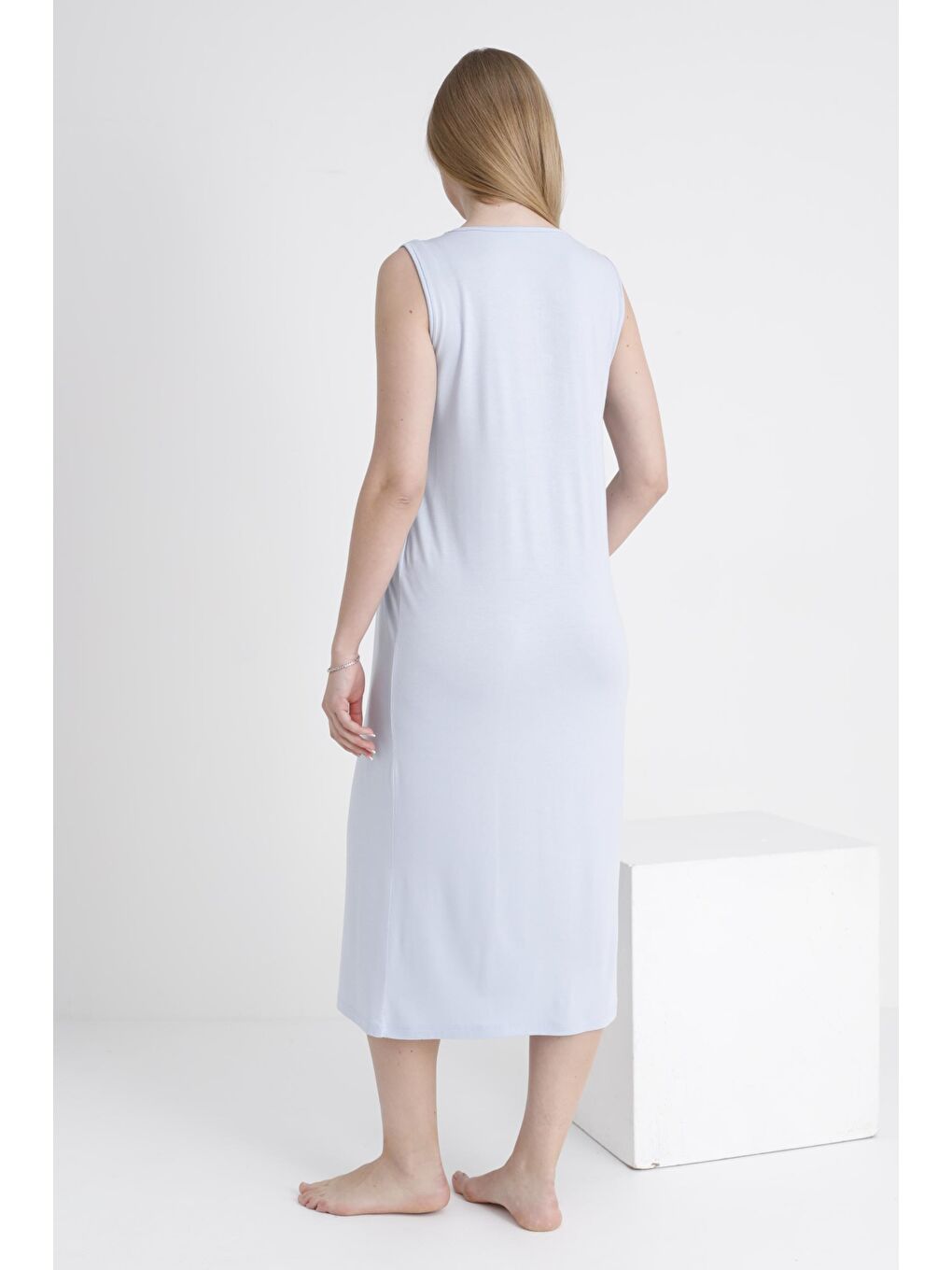 Bebe Mavisi Sabahlıklı Emzirmeye Uygun Şerit Detaylı Hamile ve Lohusa Sıfır Kol Gecelik Takımı-4