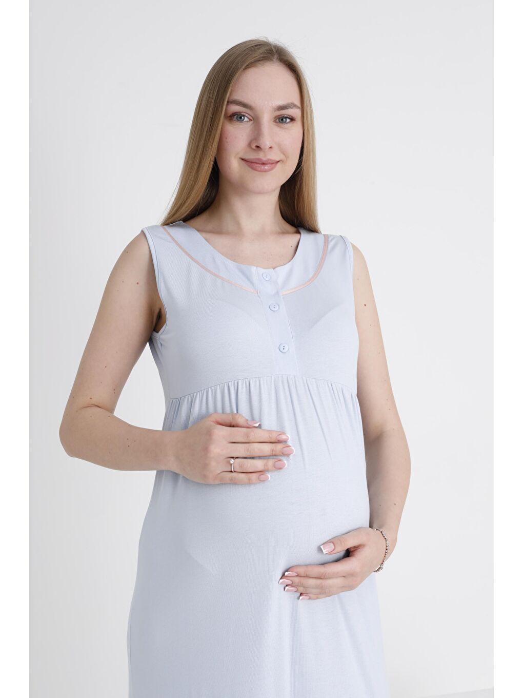 Bebe Mavisi Sabahlıklı Emzirmeye Uygun Şerit Detaylı Hamile ve Lohusa Sıfır Kol Gecelik Takımı-5