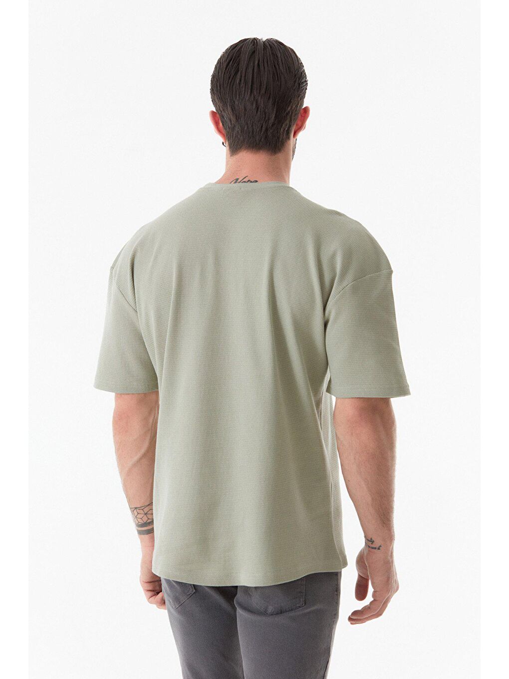 Turkuaz Waffle Kumaş Bisiklet Yaka Oversize Tişört-2