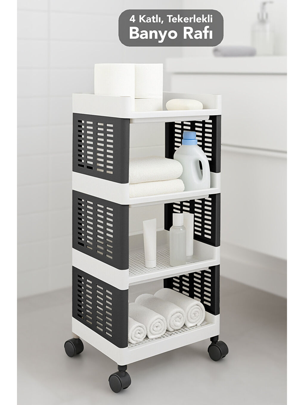 Siyah 4 Katlı Tekerlekli Banyo Rafı
