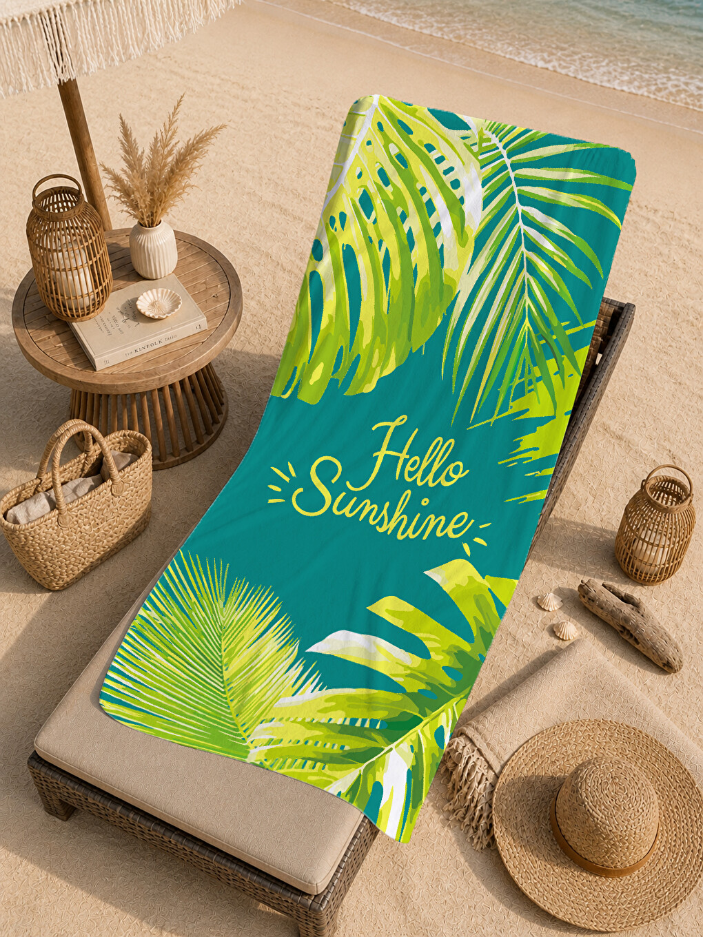 Yeşil Tropikal Hello Sunshine Yazılı 70x150 Cm Dijital Baskılı Plaj Ve Banyo Havlusu-4