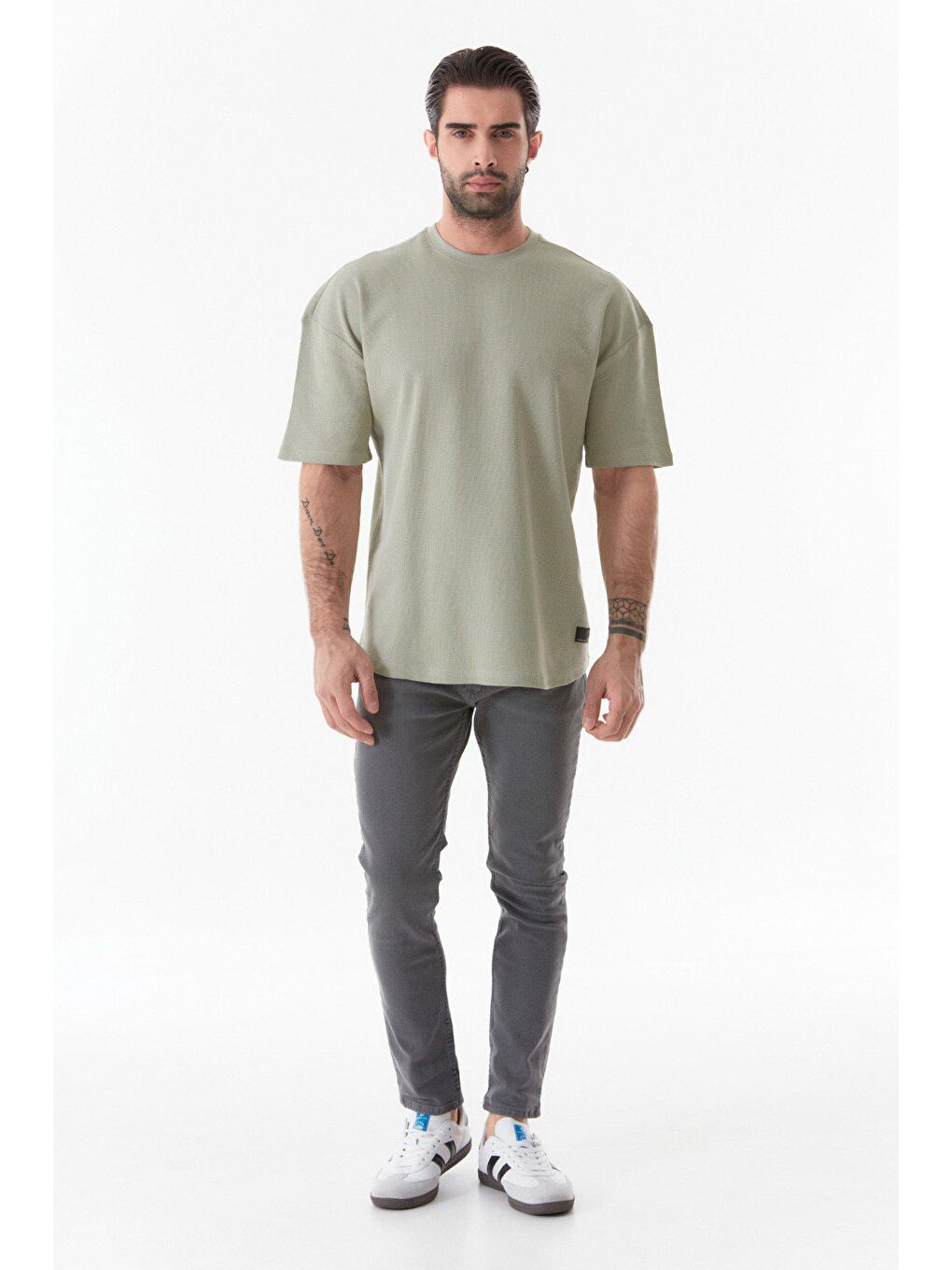 Turkuaz Waffle Kumaş Bisiklet Yaka Oversize Tişört-3