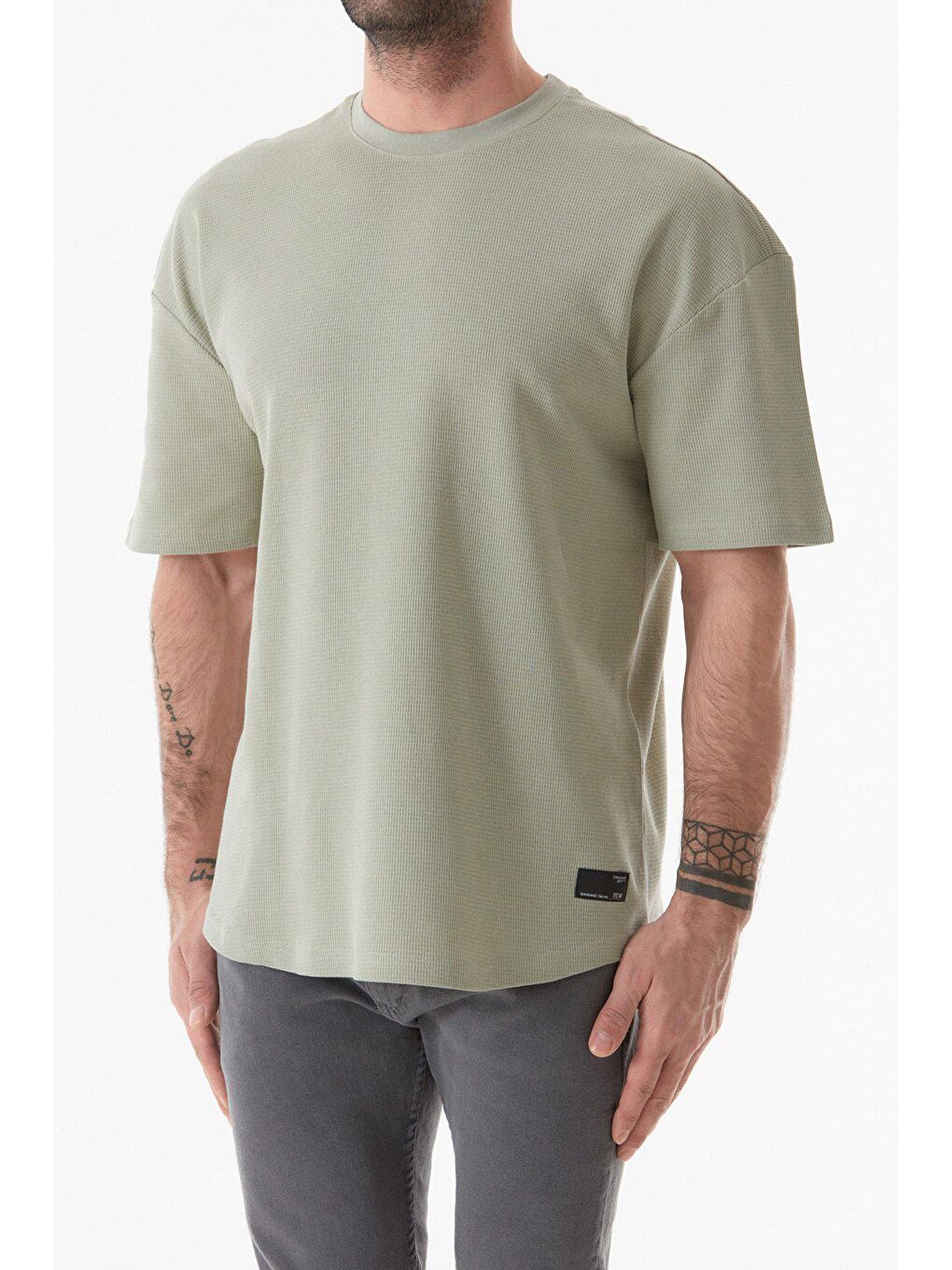 Turkuaz Waffle Kumaş Bisiklet Yaka Oversize Tişört-4