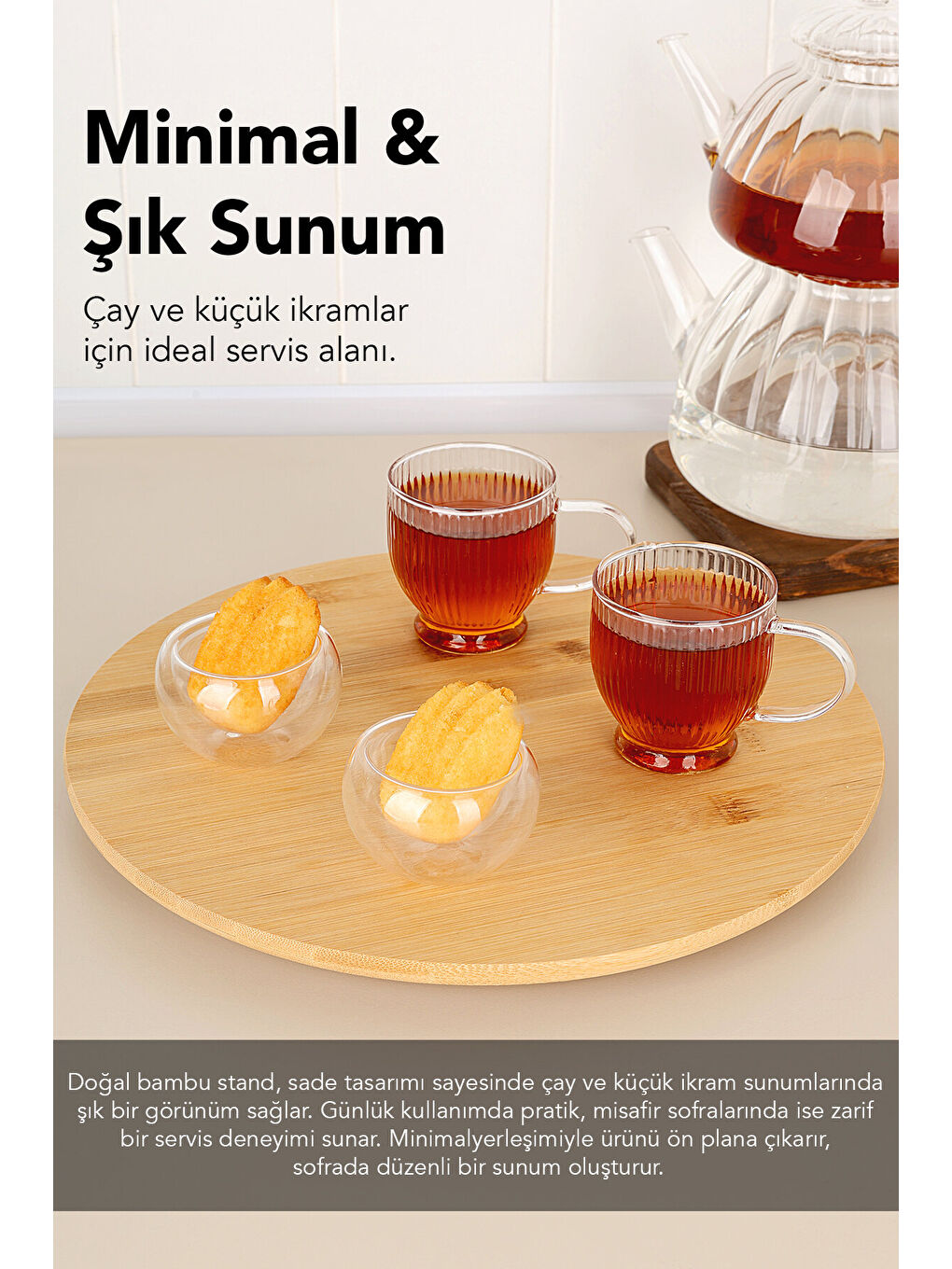 Bej 360 Derece Döner Bambu Sunumluk-3