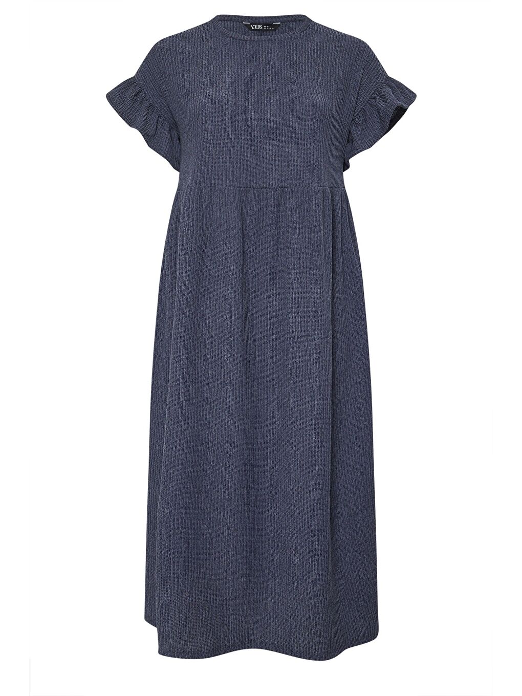 Lacivert Büyük Beden Bisiklet Yaka Kısa Kollu Fırfırlı Uzun Elbise 270342-5