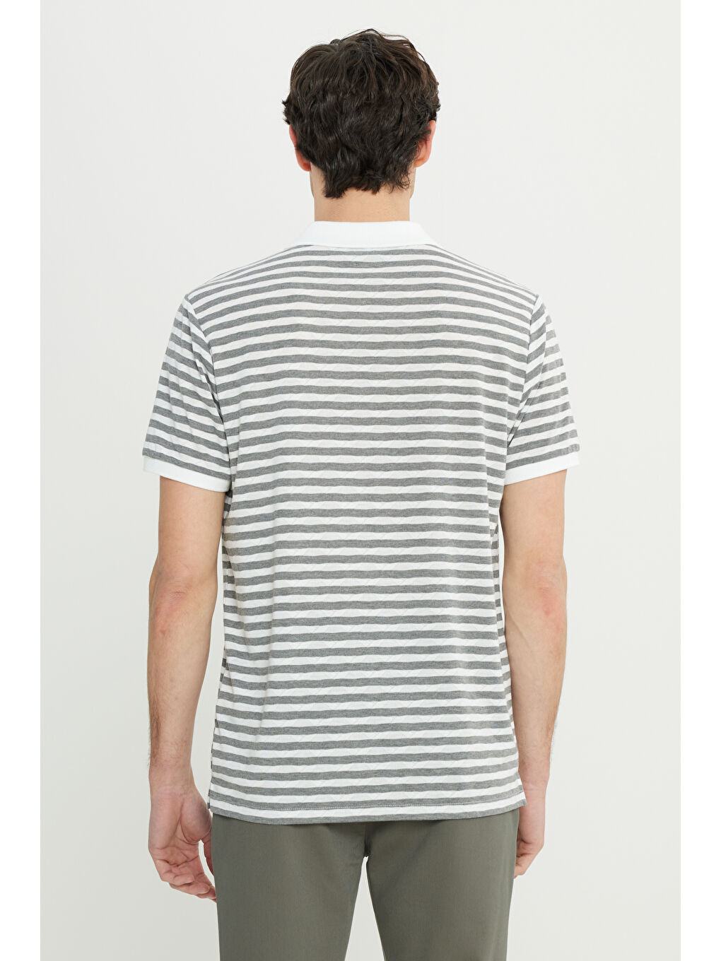 Erkek Beyaz-Gri Slim Fit Dar Kesim Polo Yaka Esnek Tişört-4