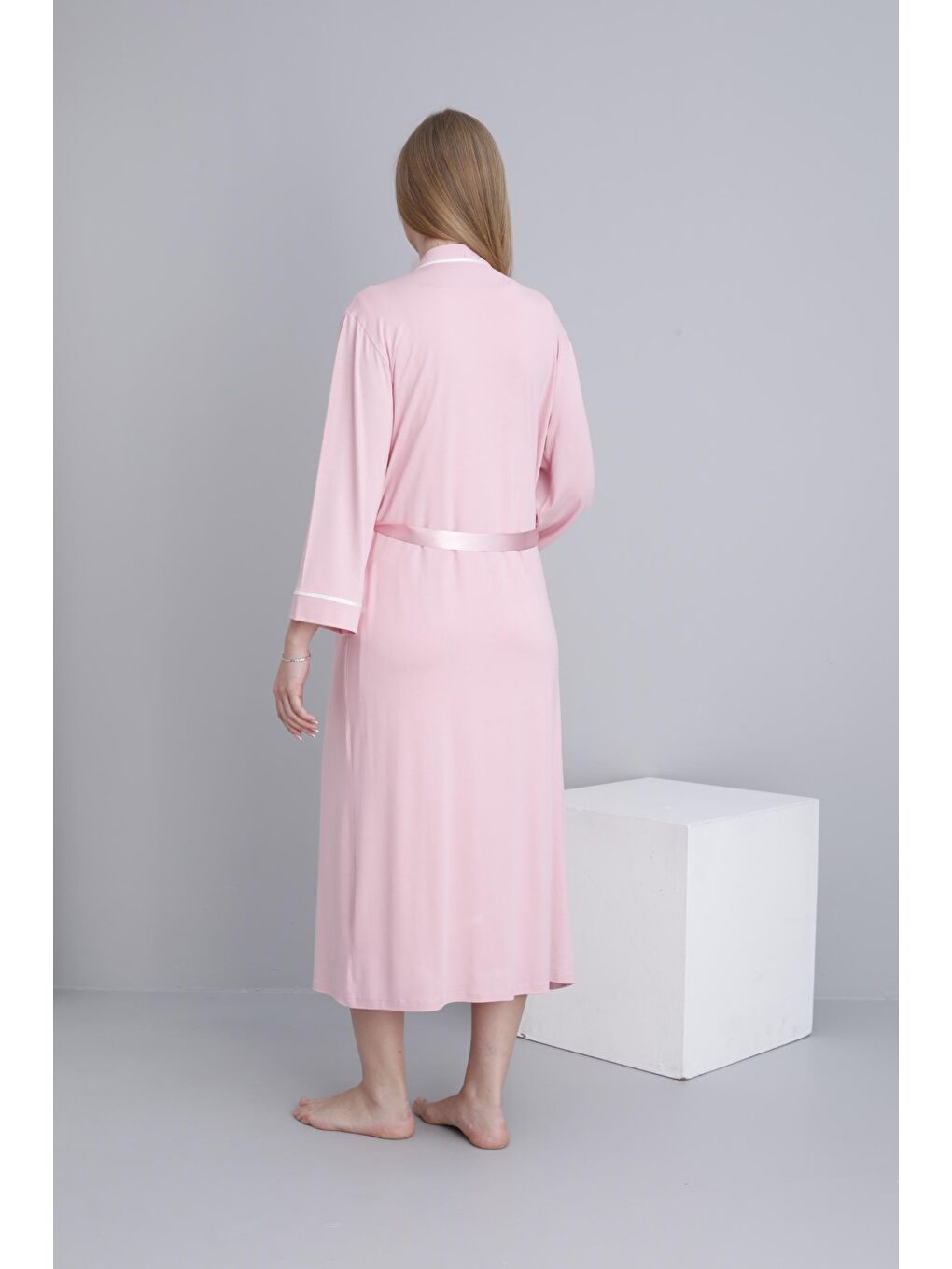 Pembe Pudra Sabahlıklı Emzirmeye Uygun Şerit Detaylı Hamile ve Lohusa Sıfır Kol Gecelik Takımı-1