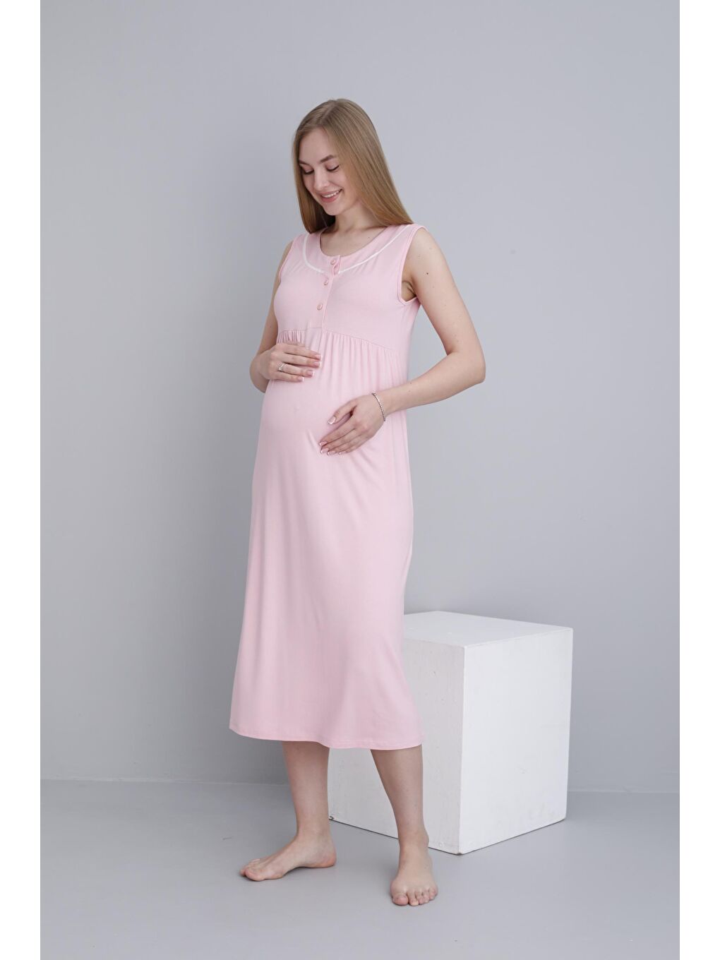 Pembe Pudra Sabahlıklı Emzirmeye Uygun Şerit Detaylı Hamile ve Lohusa Sıfır Kol Gecelik Takımı-2