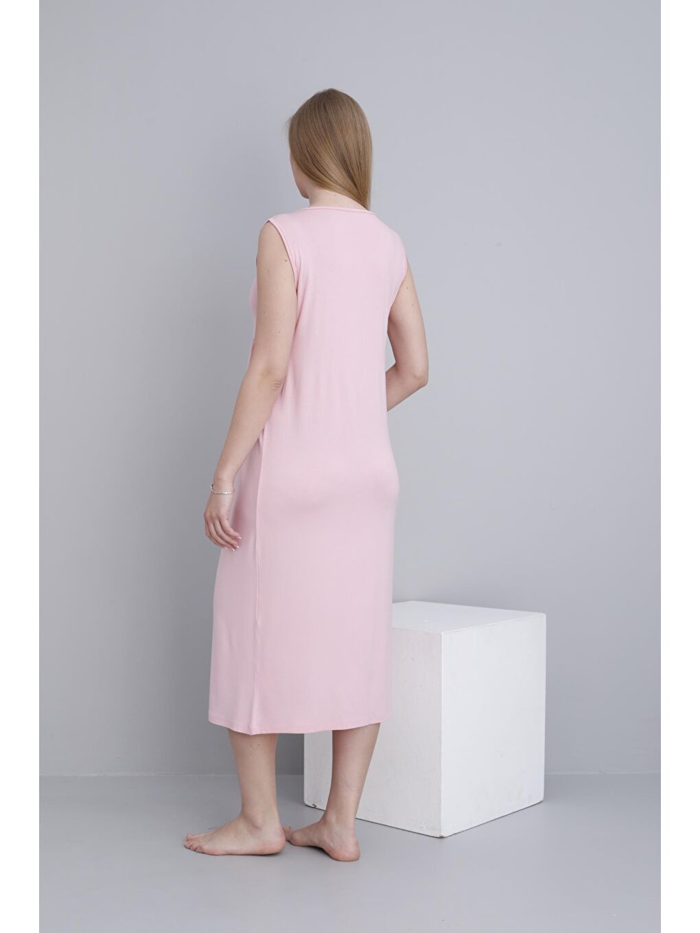 Pembe Pudra Sabahlıklı Emzirmeye Uygun Şerit Detaylı Hamile ve Lohusa Sıfır Kol Gecelik Takımı-3