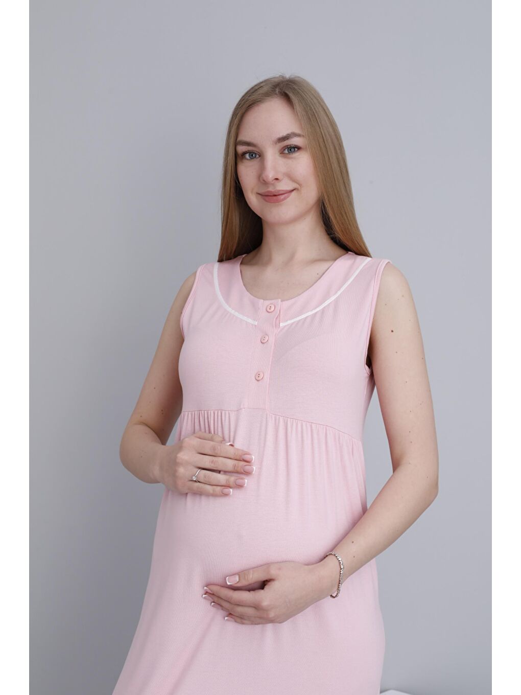 Pembe Pudra Sabahlıklı Emzirmeye Uygun Şerit Detaylı Hamile ve Lohusa Sıfır Kol Gecelik Takımı-4