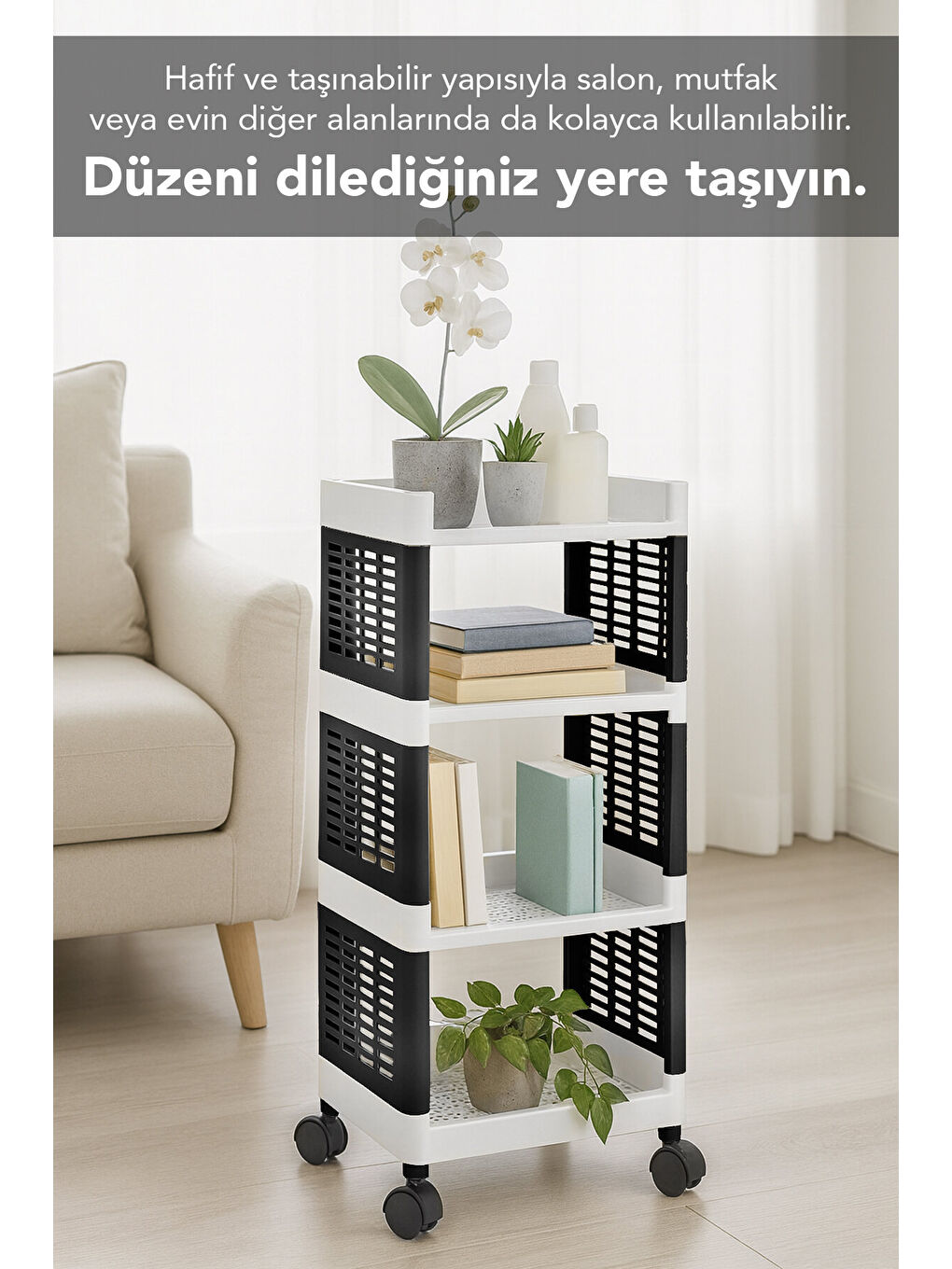 Siyah 4 Katlı Tekerlekli Banyo Rafı-2