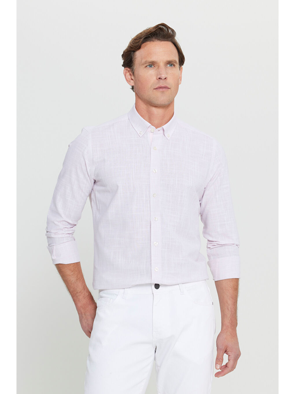 Erkek Pembe %100 Pamuk Slim Fit Düğmeli Yaka Armürlü Flamlı Gömlek