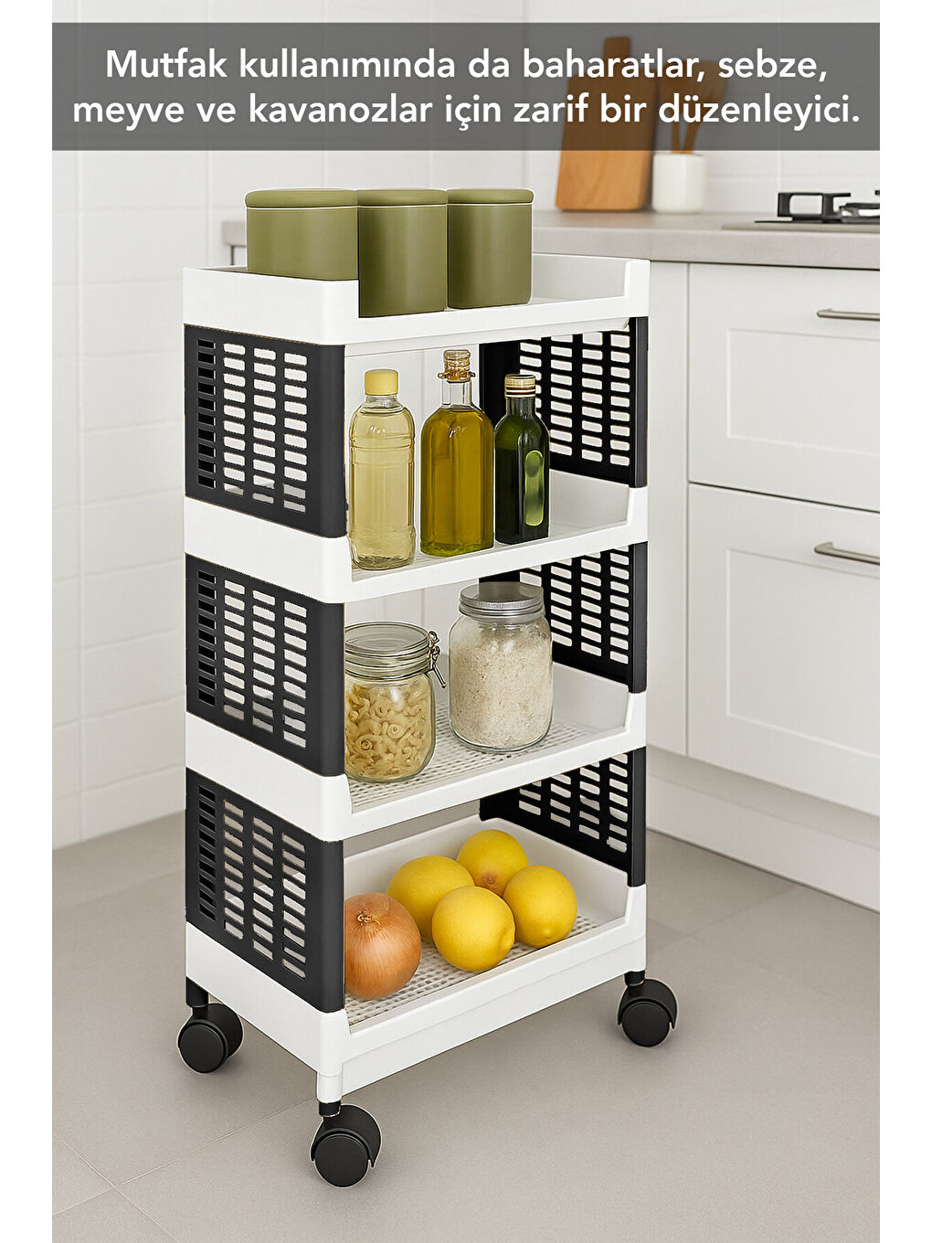 Siyah 4 Katlı Tekerlekli Banyo Rafı-3