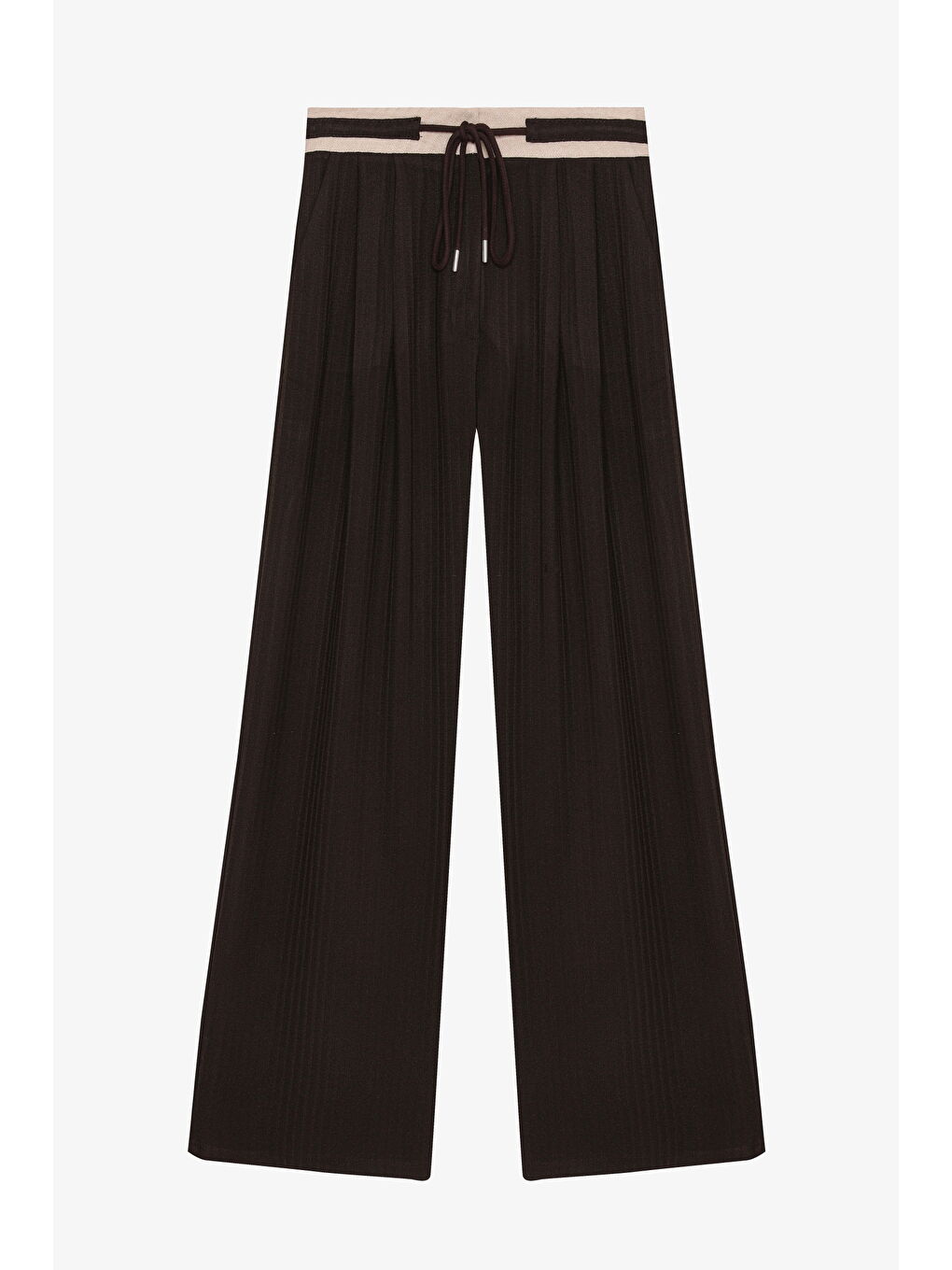 Bağcıklı Kontrast Bel Bol Paça Pantolon Kahverengi