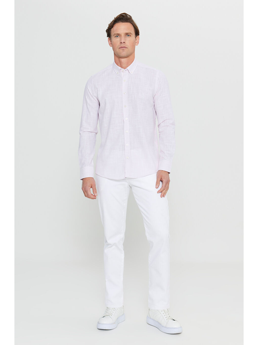 Erkek Pembe %100 Pamuk Slim Fit Düğmeli Yaka Armürlü Flamlı Gömlek-1