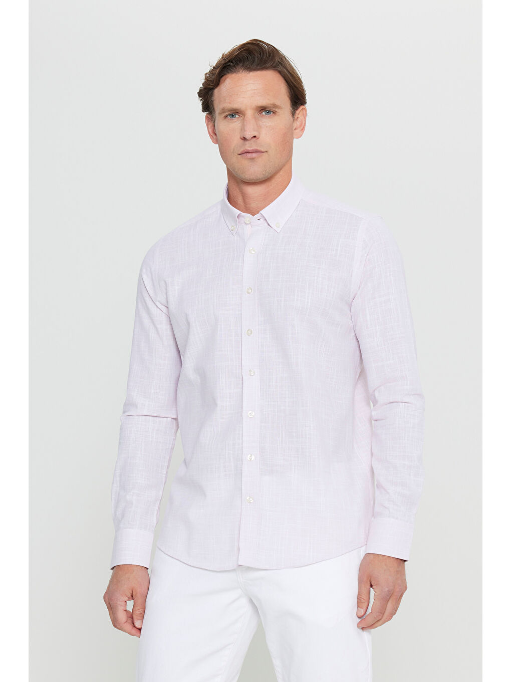 Erkek Pembe %100 Pamuk Slim Fit Düğmeli Yaka Armürlü Flamlı Gömlek-2
