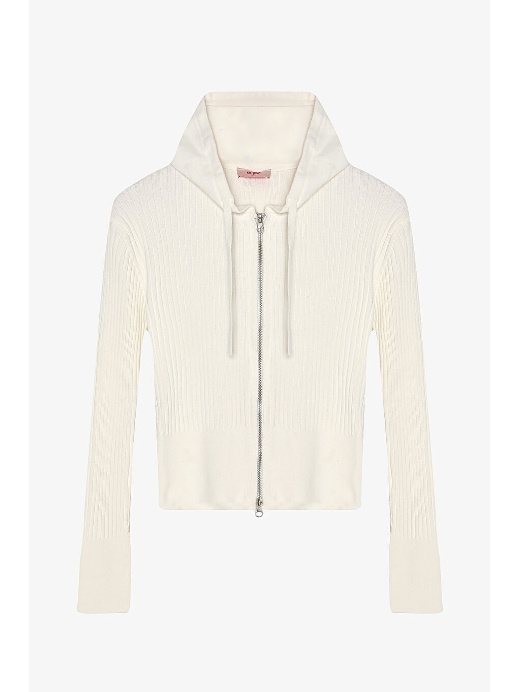 Fermuarlı Kapüşonlu Triko Hırka Ekru