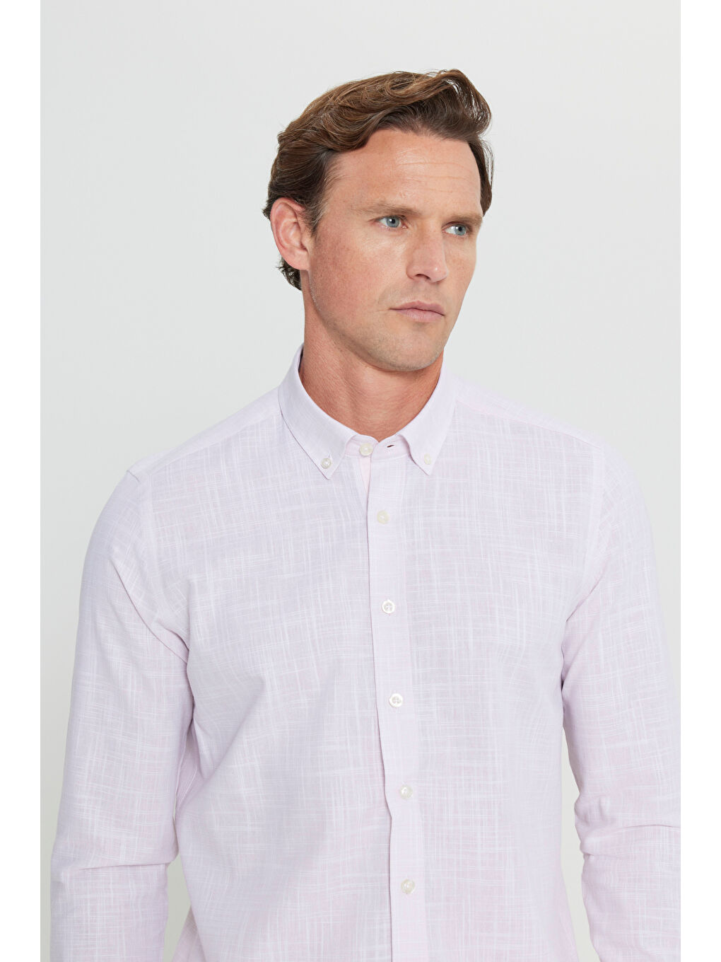 Erkek Pembe %100 Pamuk Slim Fit Düğmeli Yaka Armürlü Flamlı Gömlek-3