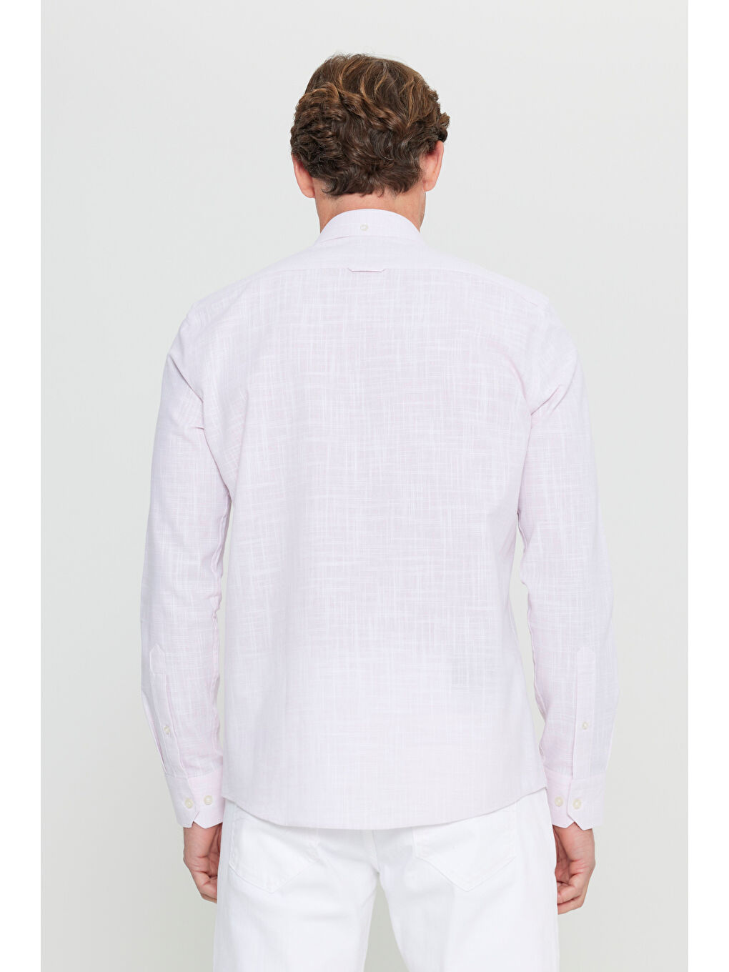 Erkek Pembe %100 Pamuk Slim Fit Düğmeli Yaka Armürlü Flamlı Gömlek-4