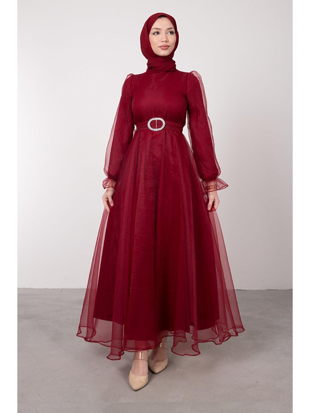 Bordo Elips Zincir Kemerli Organze Tesettür Kadın Abiye-1