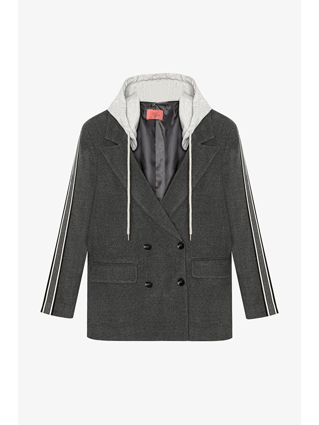 Kapüşonlu Şeritli Oversize Blazer Ceket Koyu Gri