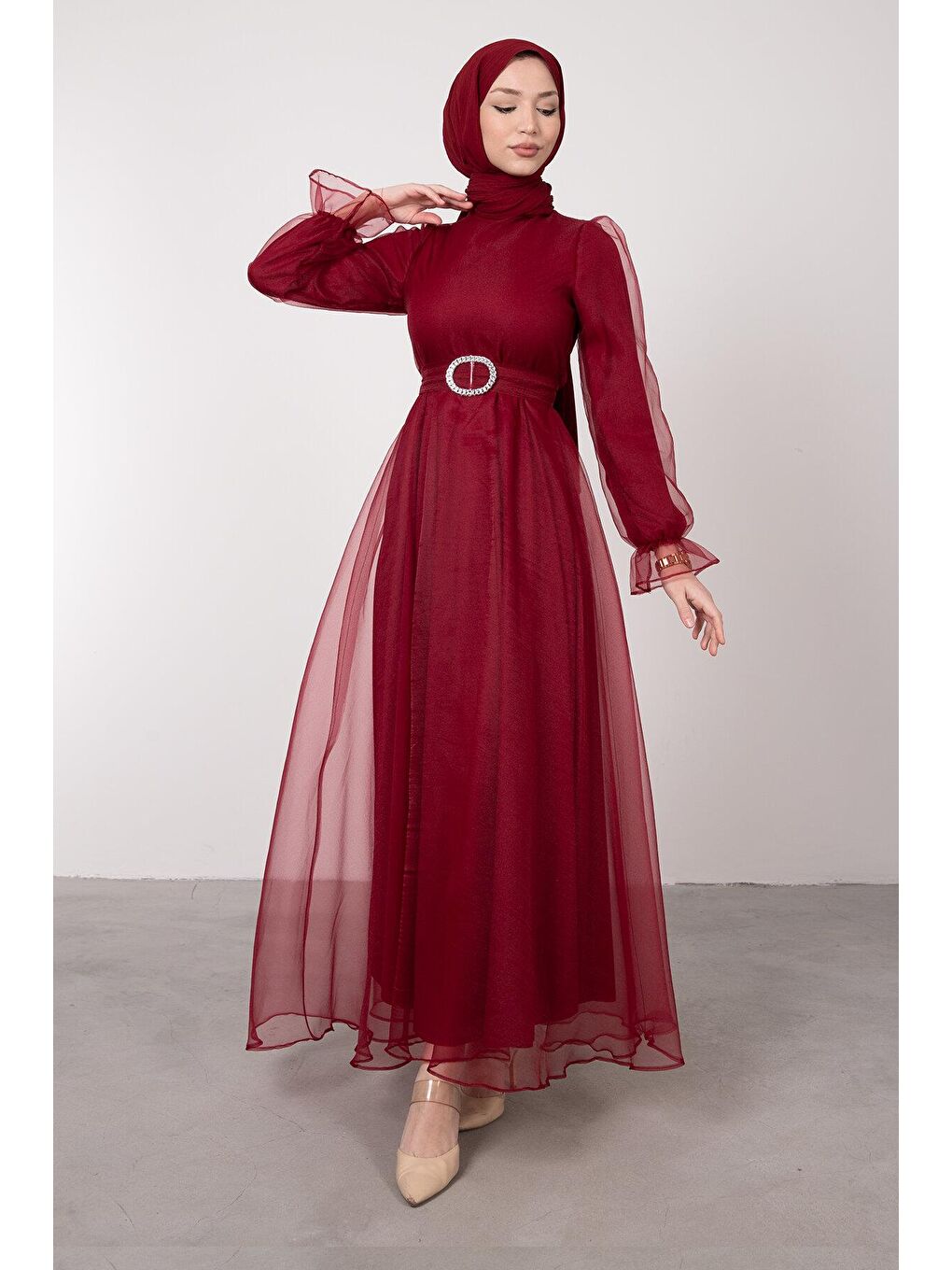 Bordo Elips Zincir Kemerli Organze Tesettür Kadın Abiye-2