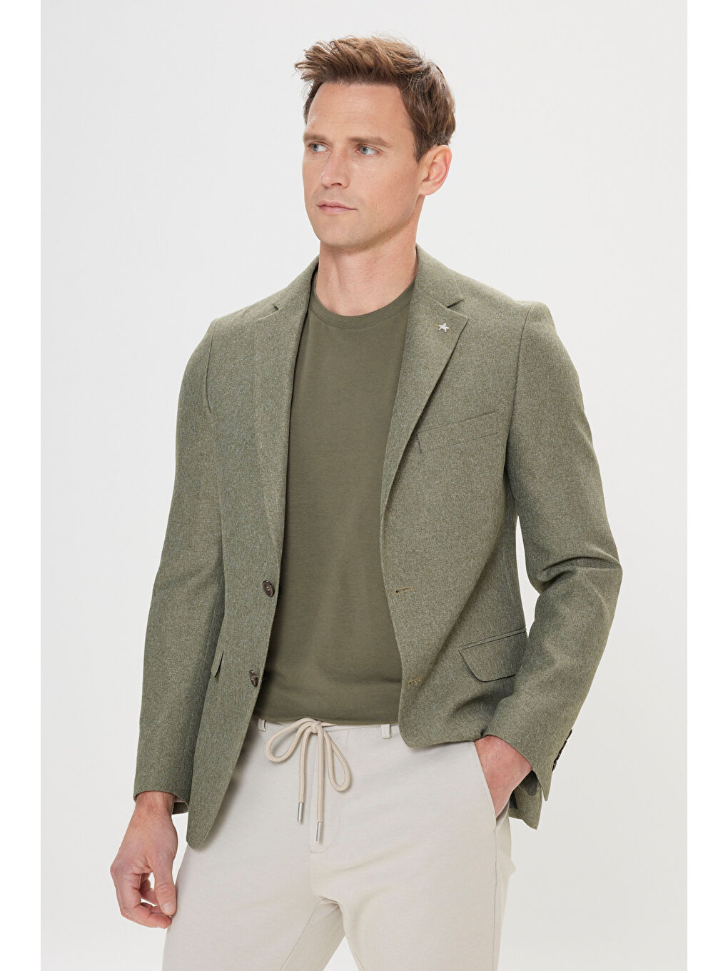 Erkek Yeşil Slim Fit Dar Kesim Mono Yaka Desenli Ceket