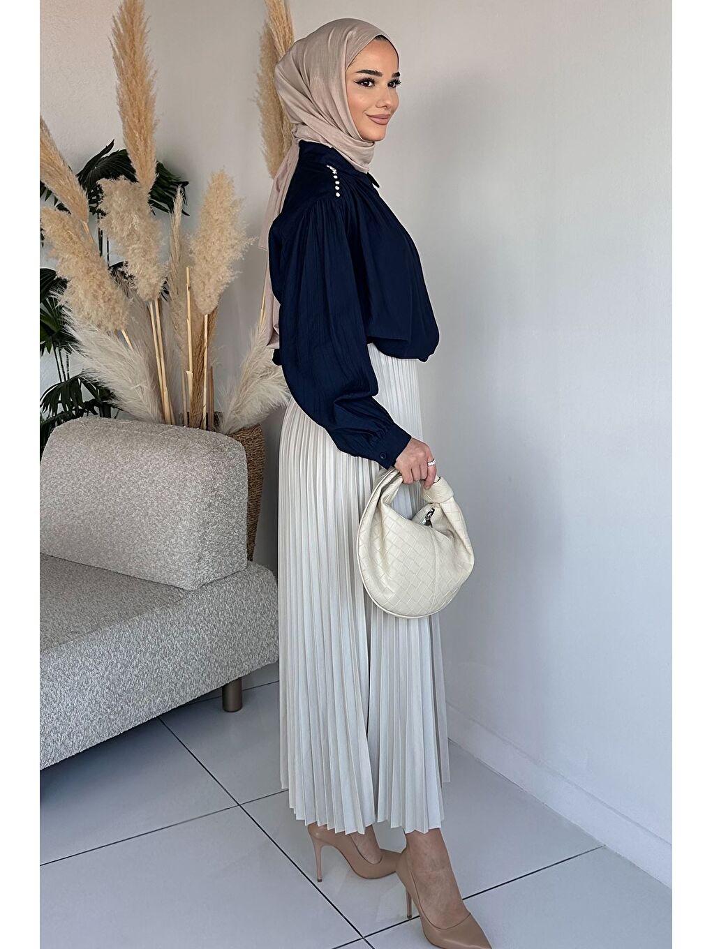 Bej Bel Lastikli Pileli Tesettür Etek-4