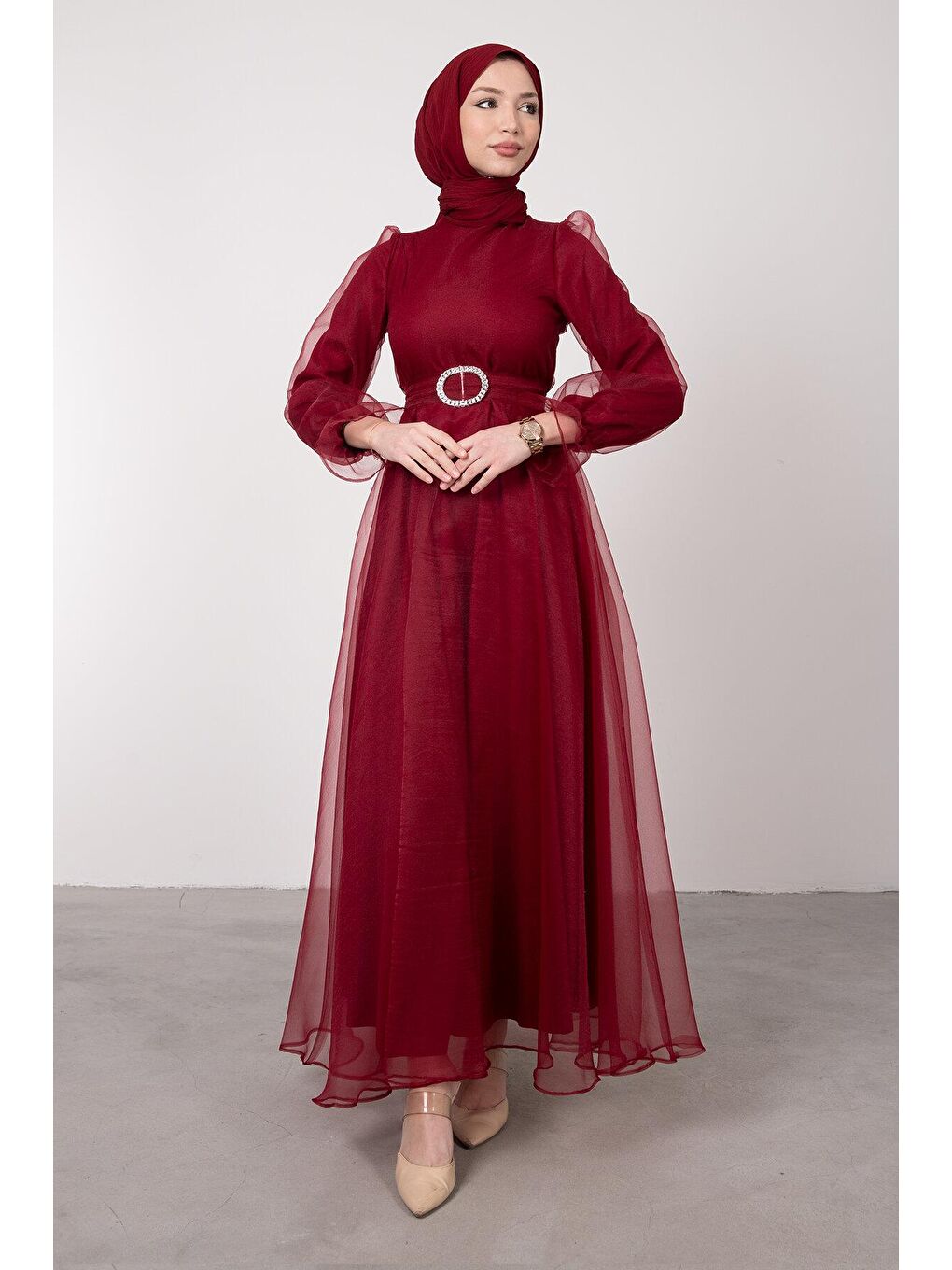 Bordo Elips Zincir Kemerli Organze Tesettür Kadın Abiye-3