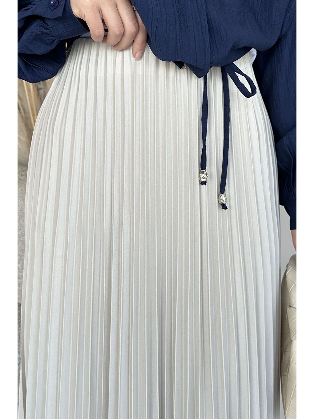 Bej Bel Lastikli Pileli Tesettür Etek-6