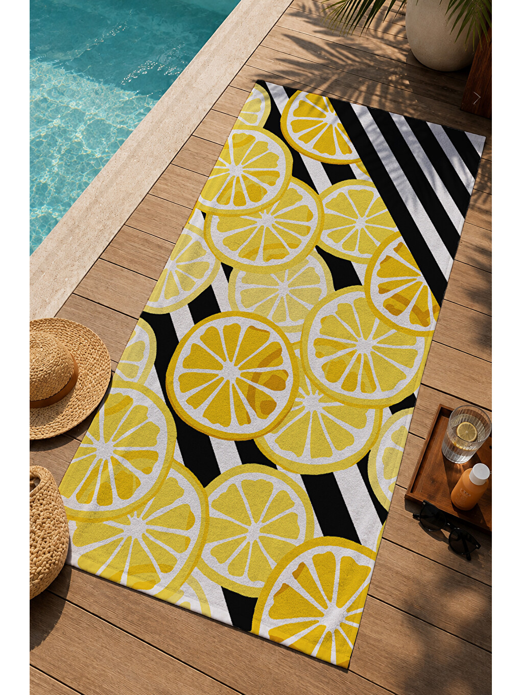 Milbay Grup Sarı Siyah Çizgili Limon Desenli 70x150 Cm Dijital Plaj Ve Banyo Havlusu-37418-1