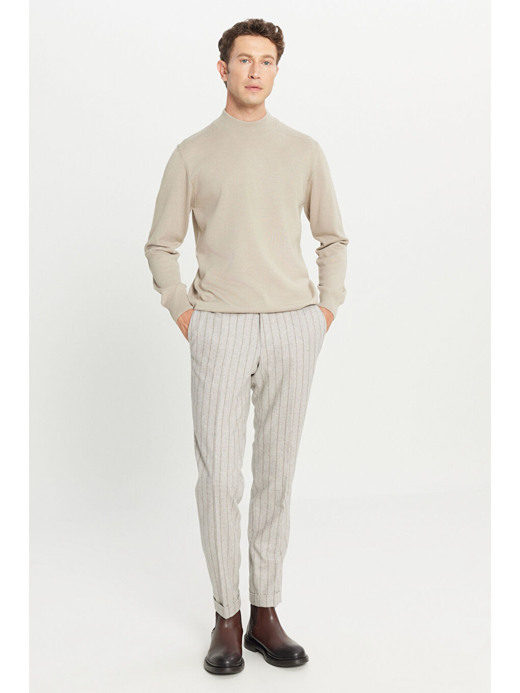 Erkek Bej Yünlü Standart Fit Normal Kesim Yarım Balıkçı Yaka Basic Triko Kazak-1