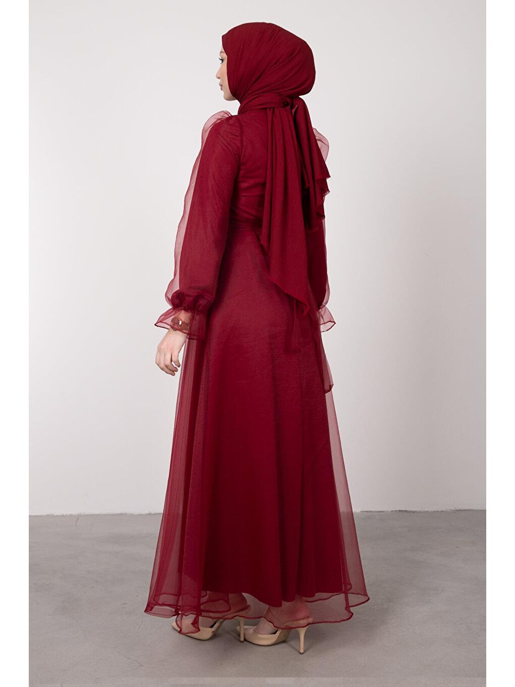 Bordo Elips Zincir Kemerli Organze Tesettür Kadın Abiye-4