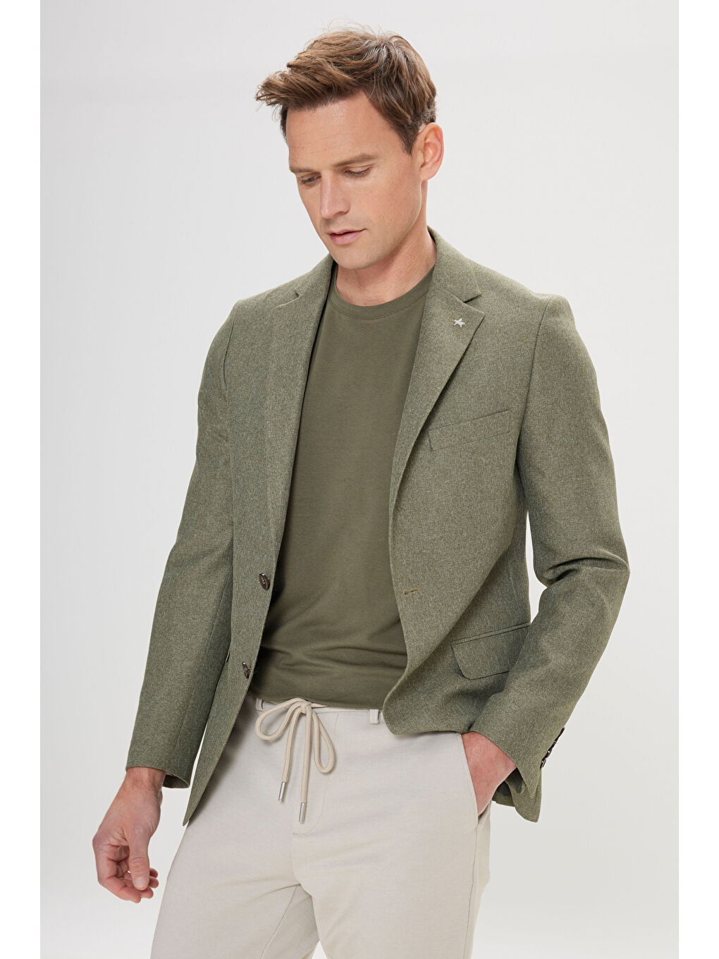 Erkek Yeşil Slim Fit Dar Kesim Mono Yaka Desenli Ceket-2