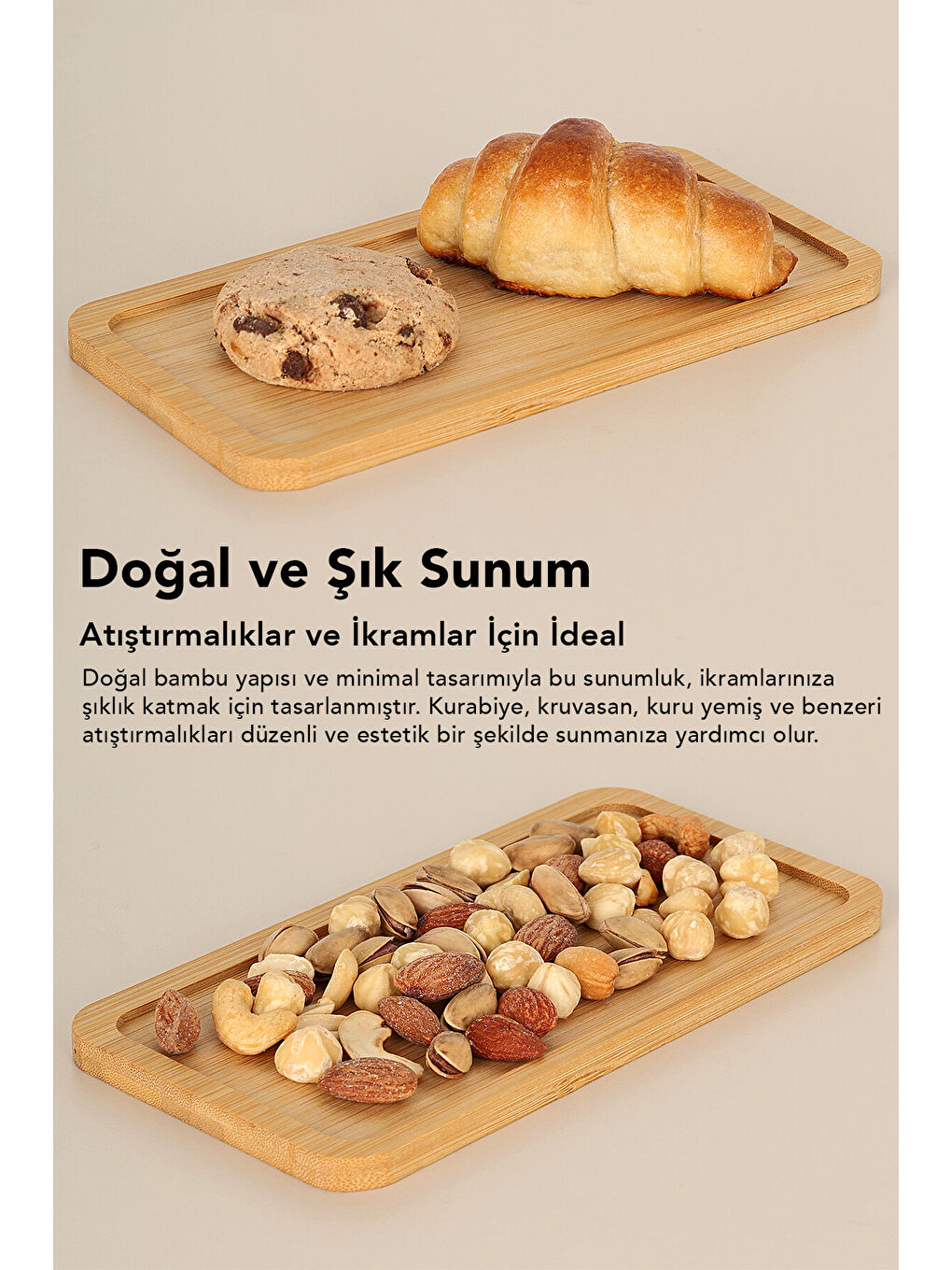 Bej 2 Adet Dikdörtgen Bambu Sunumluk-1