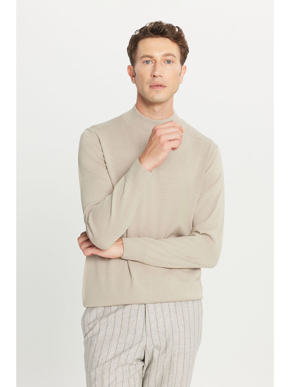 Erkek Bej Yünlü Standart Fit Normal Kesim Yarım Balıkçı Yaka Basic Triko Kazak-2