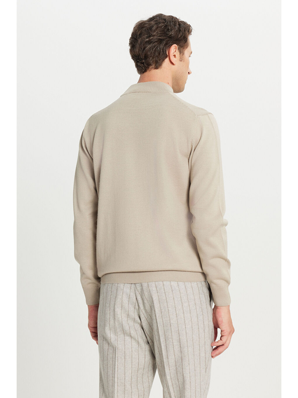 Erkek Bej Yünlü Standart Fit Normal Kesim Yarım Balıkçı Yaka Basic Triko Kazak-4