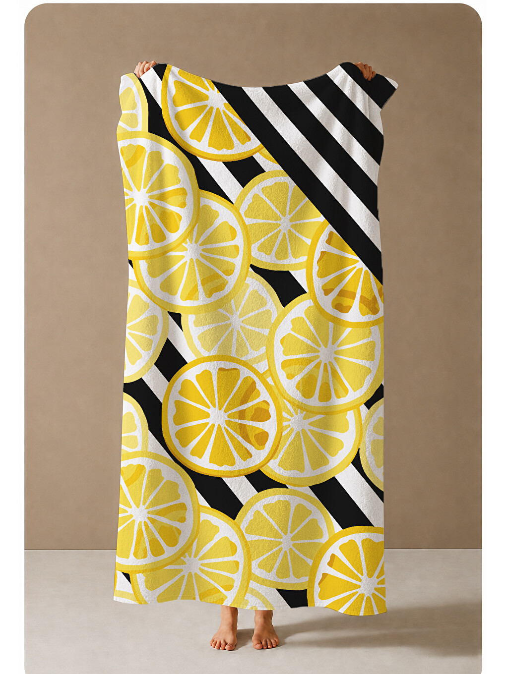 Milbay Grup Sarı Siyah Çizgili Limon Desenli 70x150 Cm Dijital Plaj Ve Banyo Havlusu-37418-2