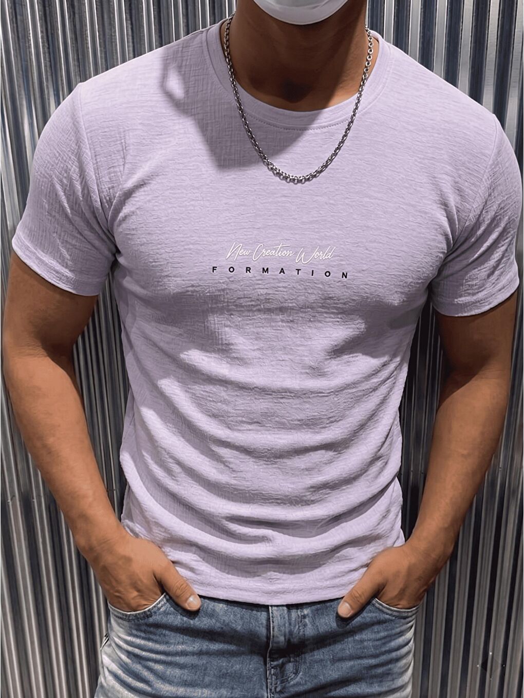 Beyaz Formation Flok Baskılı Kabuk Desen Slim Fit Erkek Elastanlı Tişört-2