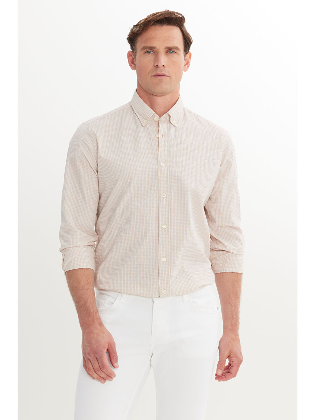 Erkek Beyaz-Bej Pamuklu Slim Fit Dar Kesim Düğmeli Yaka Kareli Gömlek