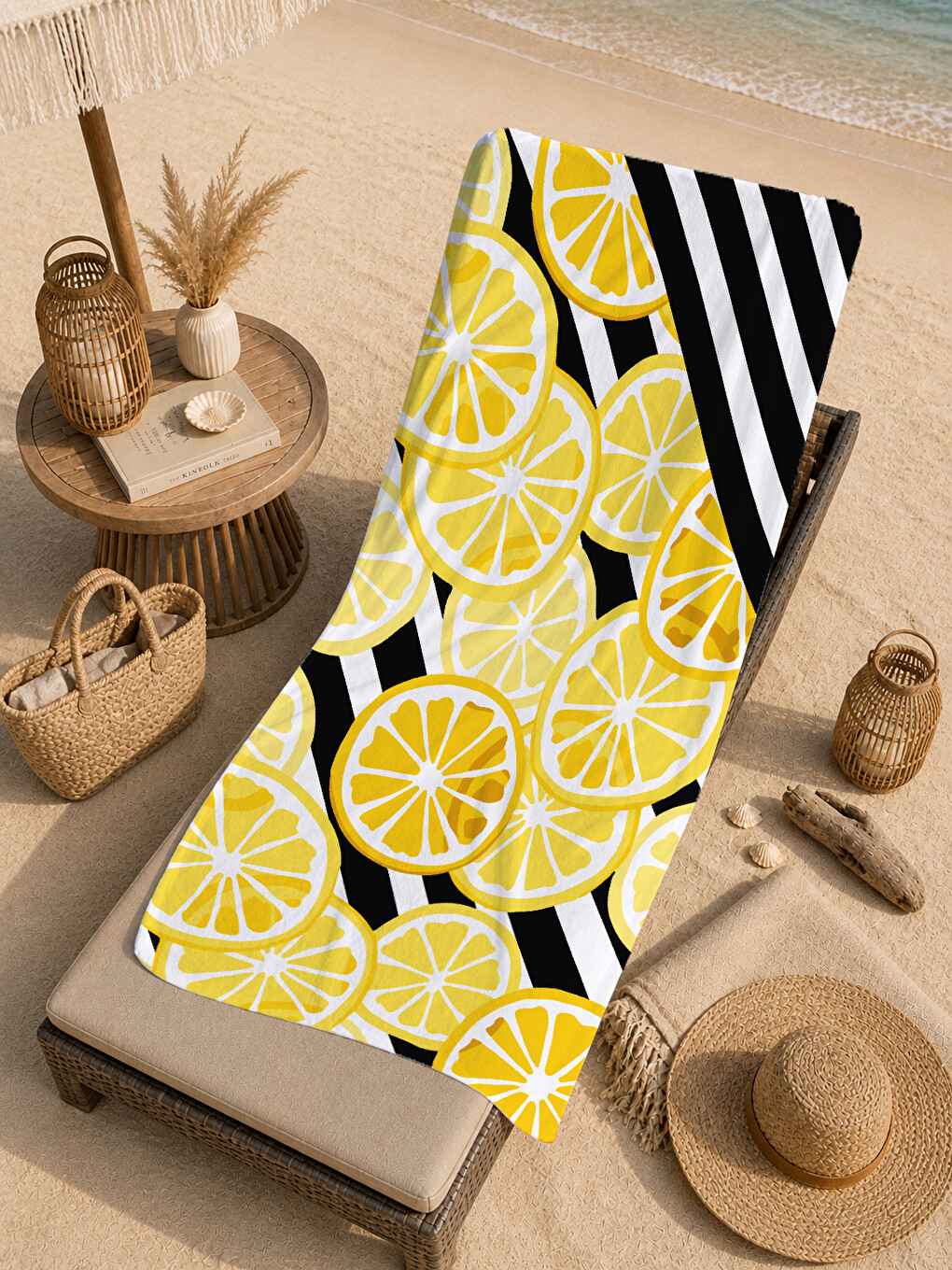 Milbay Grup Sarı Siyah Çizgili Limon Desenli 70x150 Cm Dijital Plaj Ve Banyo Havlusu-37418-3