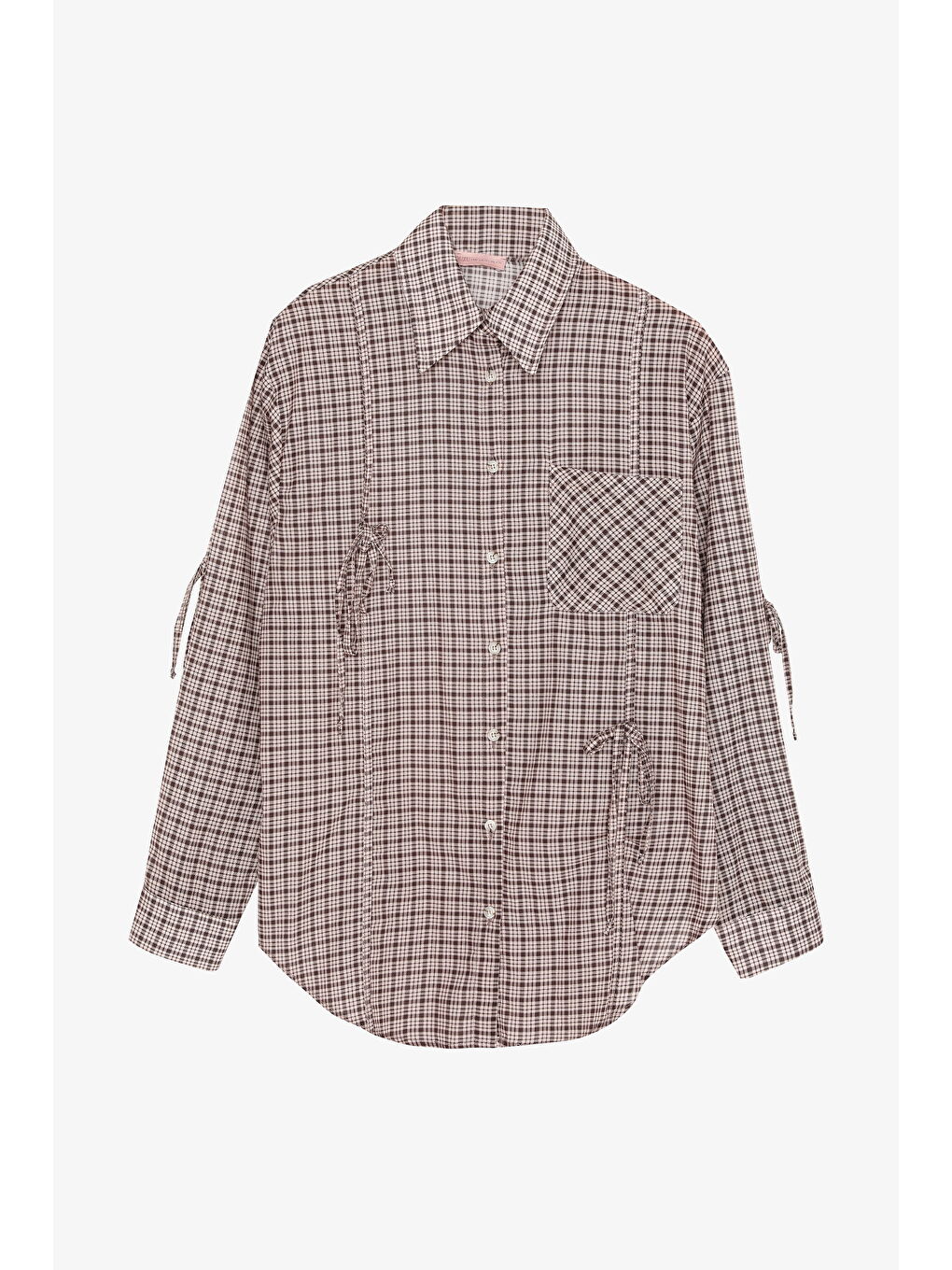 Ekose Bağcıklı Oversize Gömlek Kahverengi