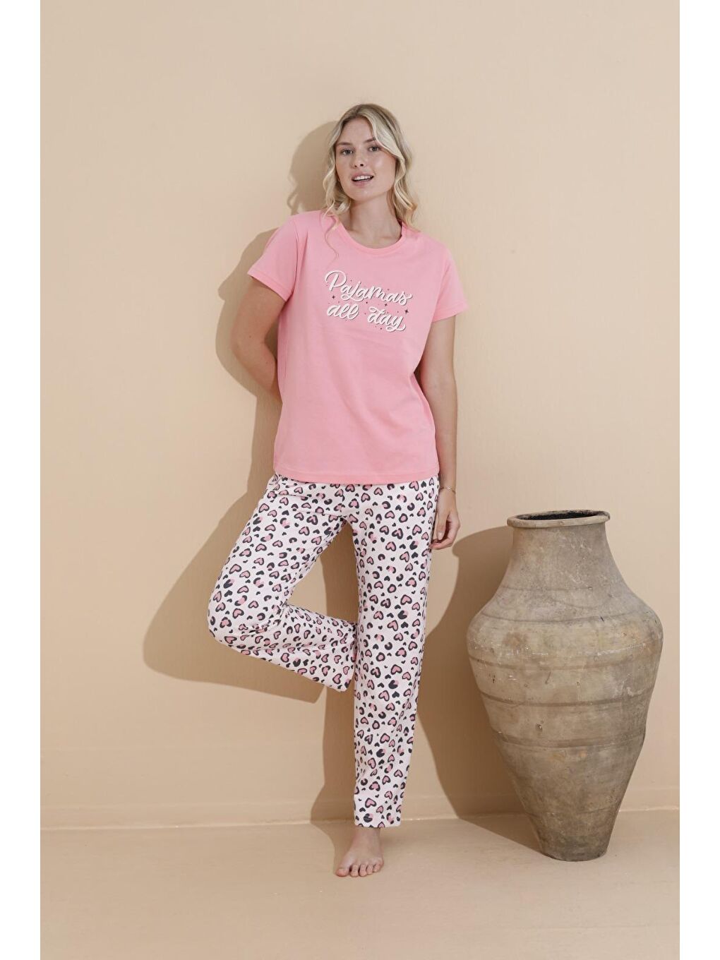 Pembe Kadın %100 Doğal Organik Pamuk Yüksek Kaliteli Baskılı Kısa Kollu Pijama Takımı