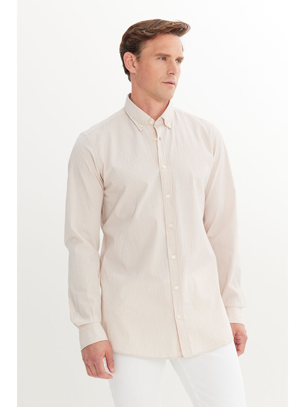 Erkek Beyaz-Bej Pamuklu Slim Fit Dar Kesim Düğmeli Yaka Kareli Gömlek-2